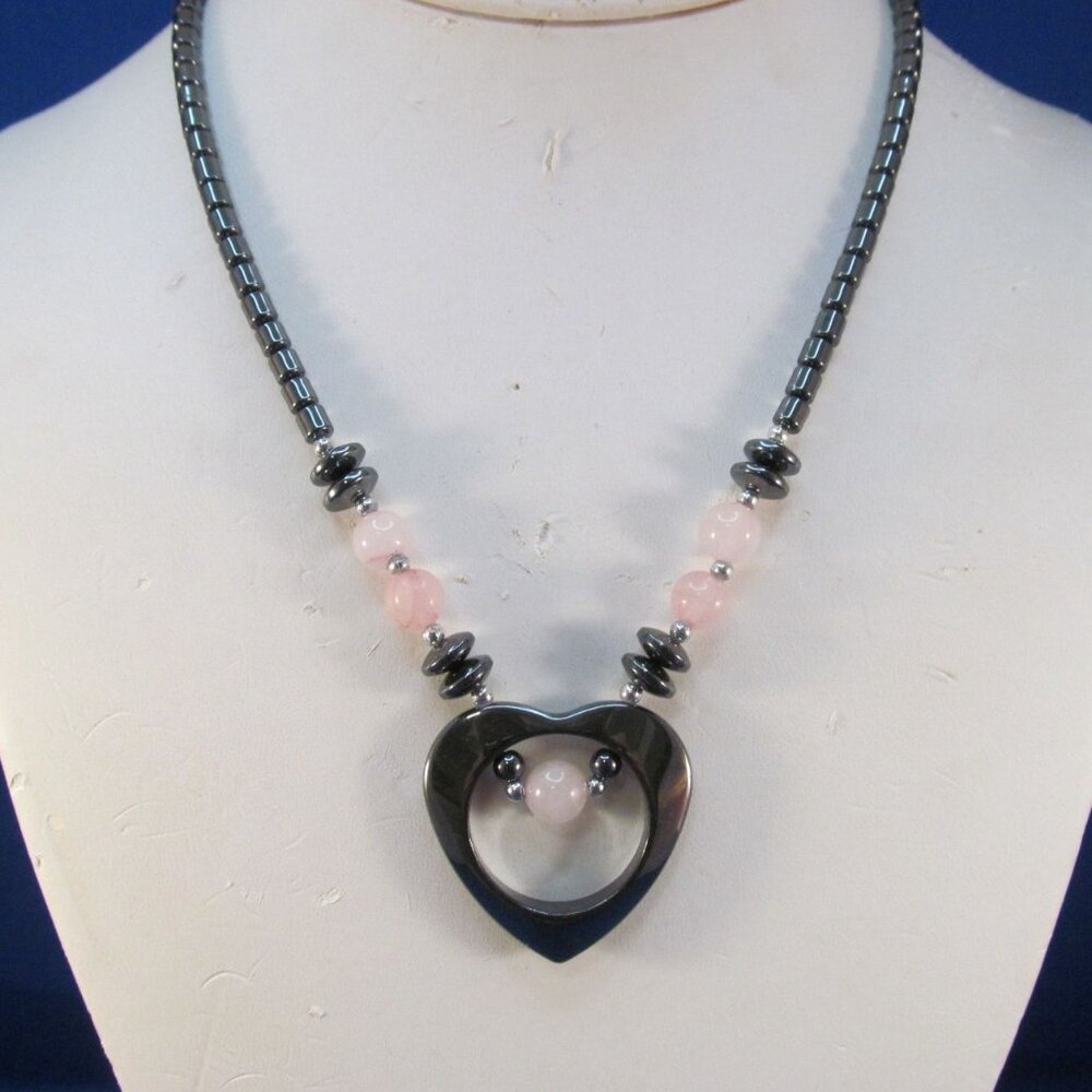Rose Quartz Cut Out Heart Hematite Gemstone Necklace